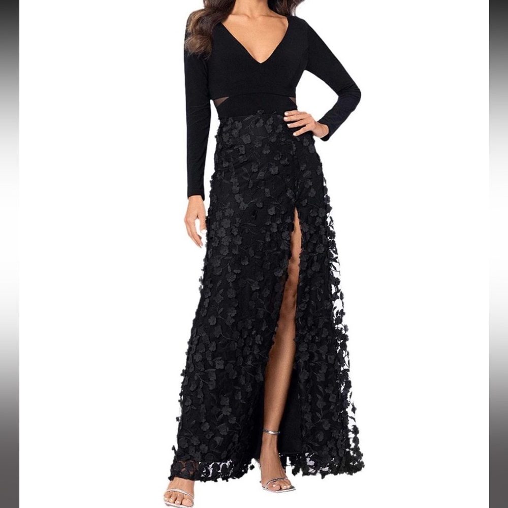 Xscape Black Textured Long Sleeve Gown